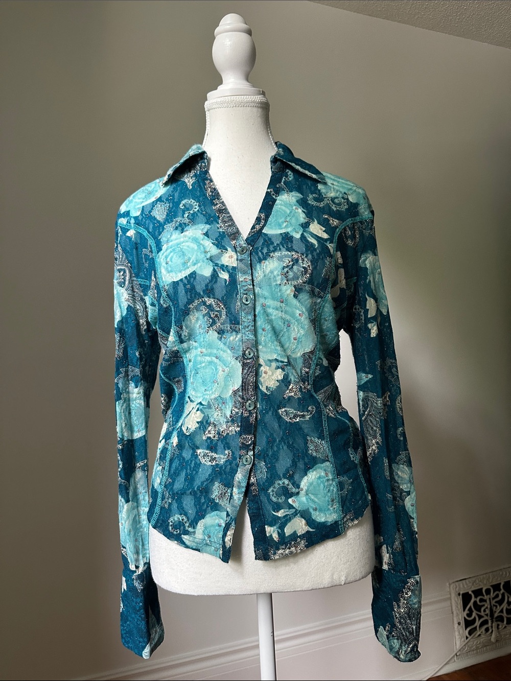 JANE BLUE Y2K Blue Lace Paisley Fairy Whimsical Boho Festival Button Down Medium